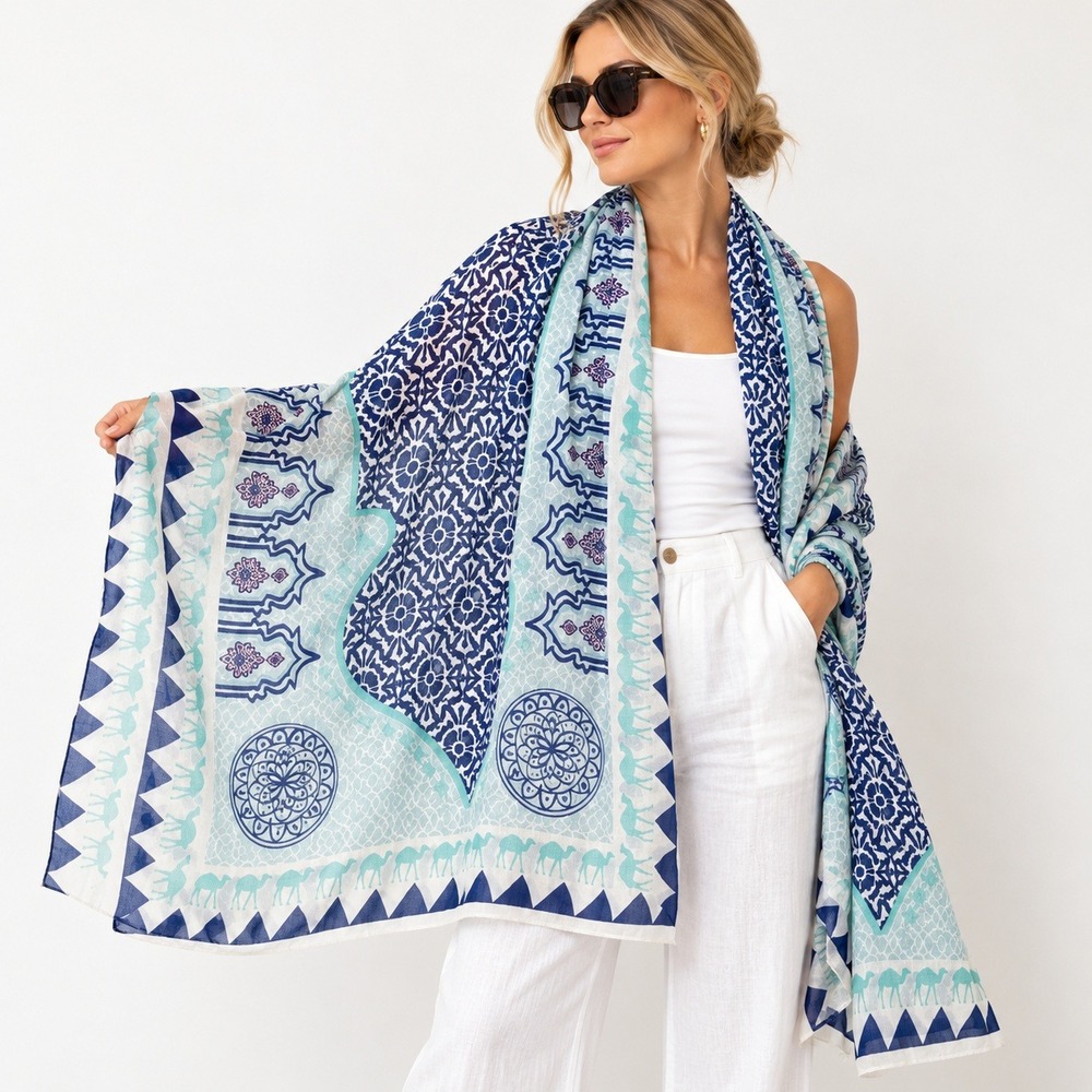 Printed Village Geometric Moasic Scraf Wrap Womens Blue Travel Resortwear